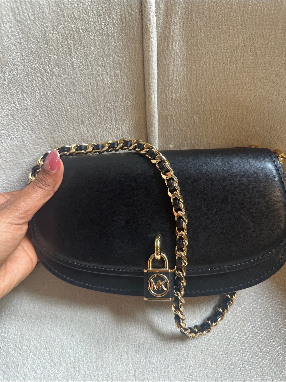 Michael Kors Black Leather Crossbody with Gold Chain